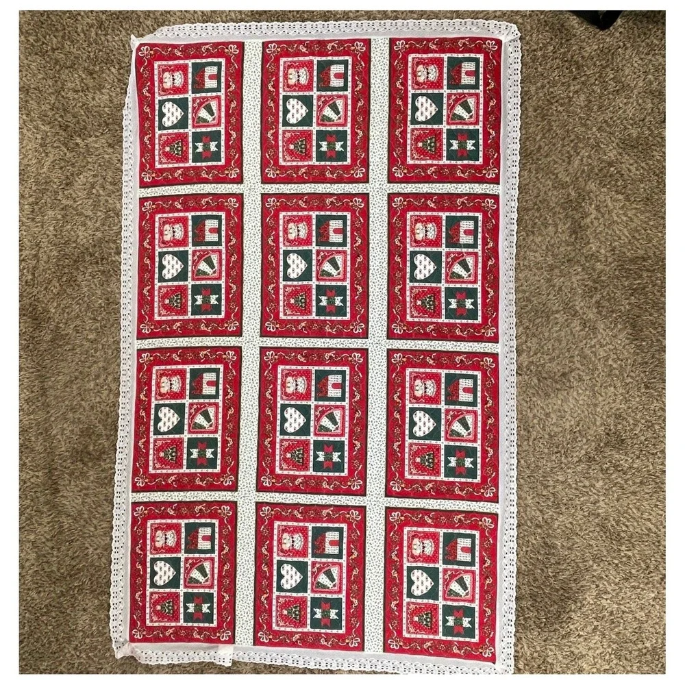 Handmade Christmas Lace Trim Quilt Holiday Decor Red Green‎ White Angels 73x45
